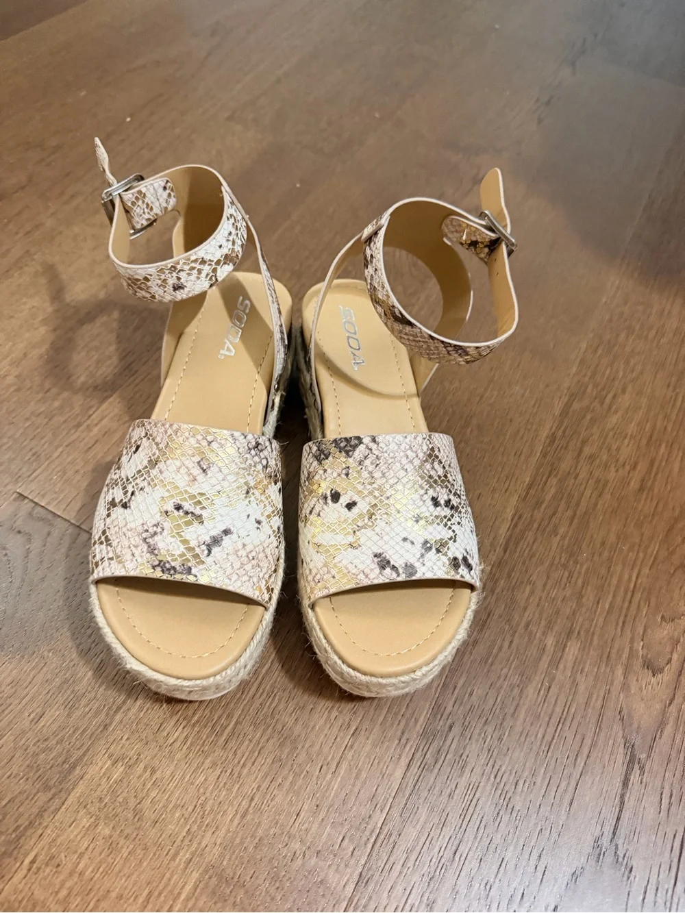 Soda Snake-Print Espadrille Wedge Sandals in Cream and Tan